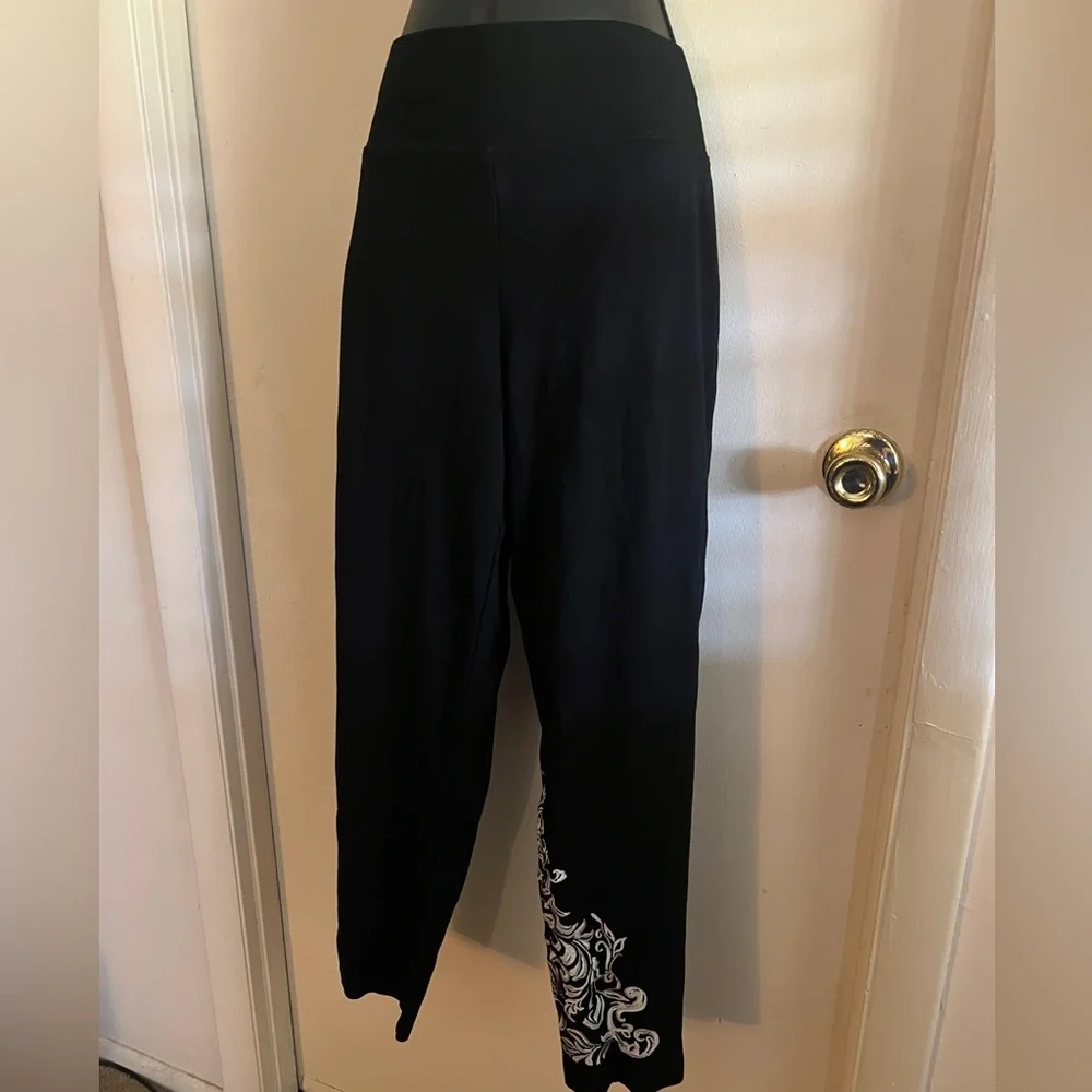 Black Pull-On Pants with White Floral Embroidery – Size 18, Stretch Waist - Picture 2 of 5